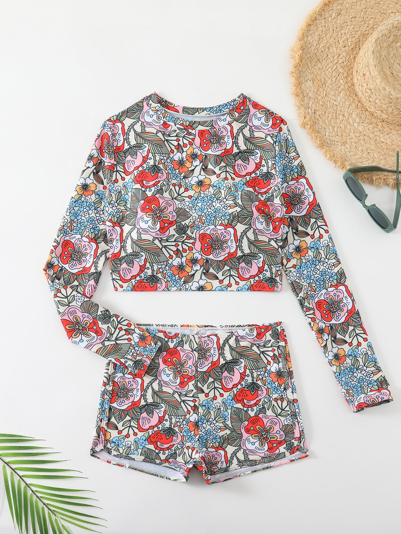 Vibrant Floral Print Long Sleeve Bikini Set with Matching Shorts for Women
