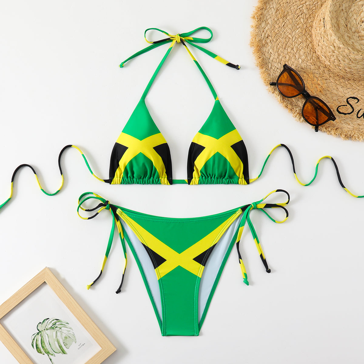 Vibrant Jamaican Flag Print Tie-Side Bikini Set with Adjustable Straps