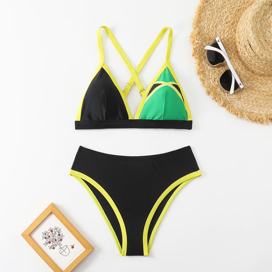 Bold Black, Green, and Yellow Jamaican-Inspired Two-Piece Swimsuit with Cross-Back Design