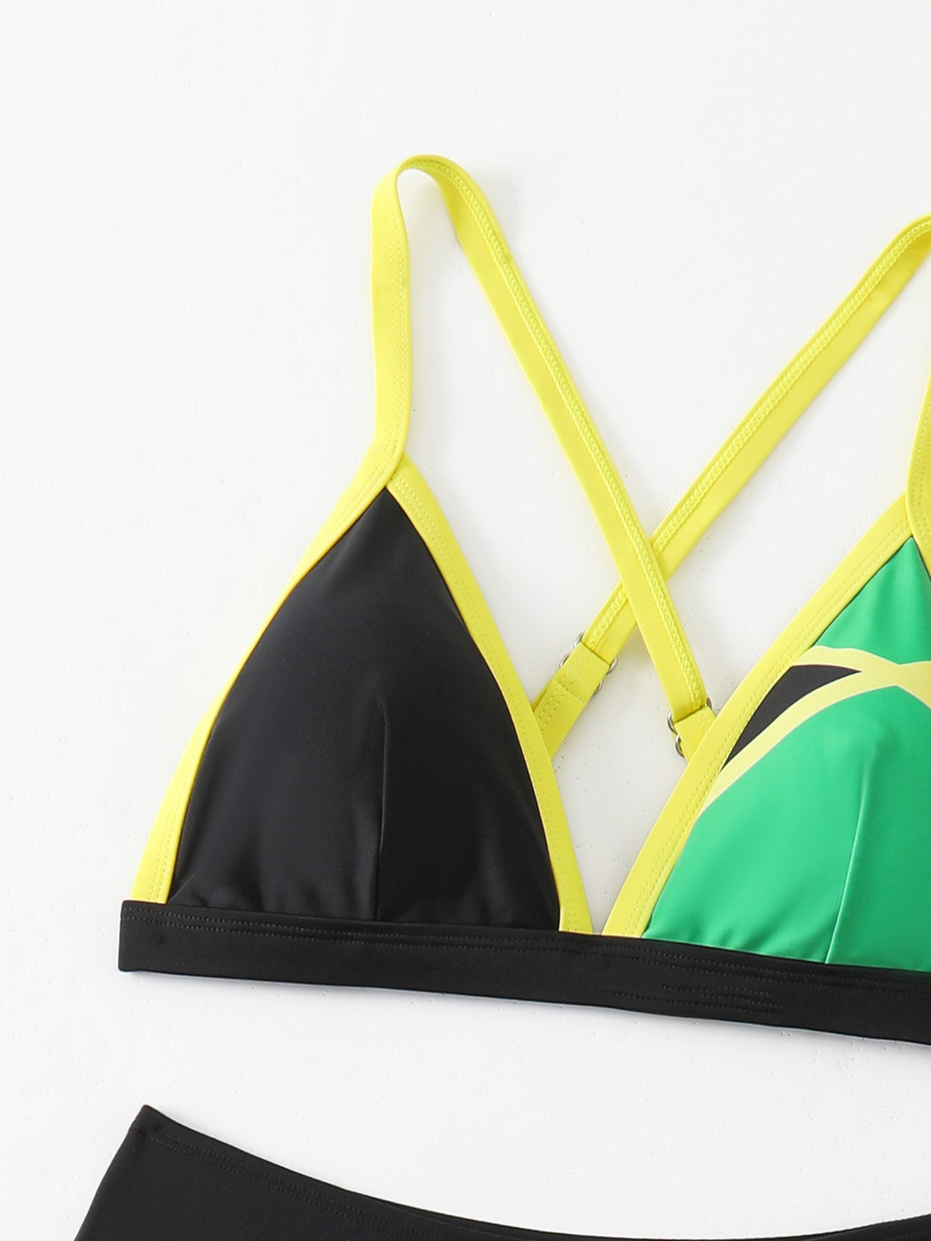 Bold Black, Green, and Yellow Jamaican-Inspired Two-Piece Swimsuit with Cross-Back Design
