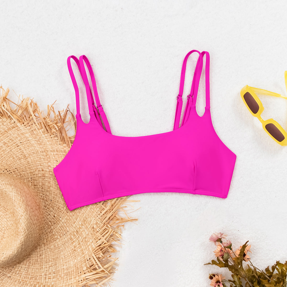 Bright Pink Double-Strap Bikini Top with Versatile Design for Women