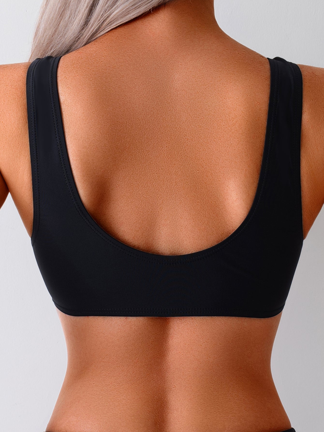Sleek Black Ruched Bikini Top with Tie-Front Detail for Women