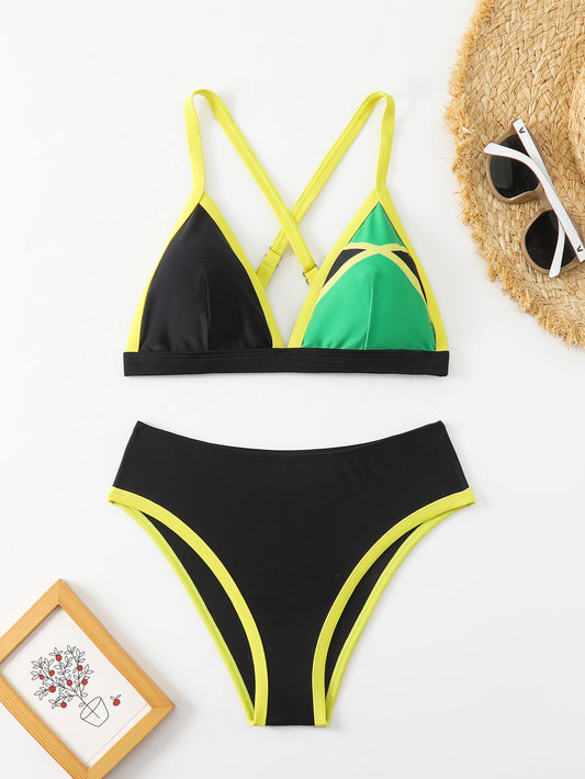 Bold Black, Green, and Yellow Jamaican-Inspired Two-Piece Swimsuit with Cross-Back Design