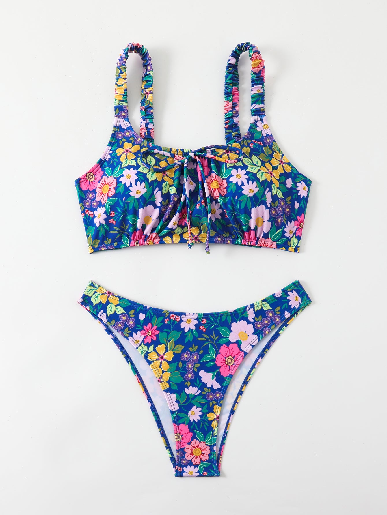 Colorful Floral Print Two-Piece Swimsuit with Tie-Front Top and High-Cut Bottom
