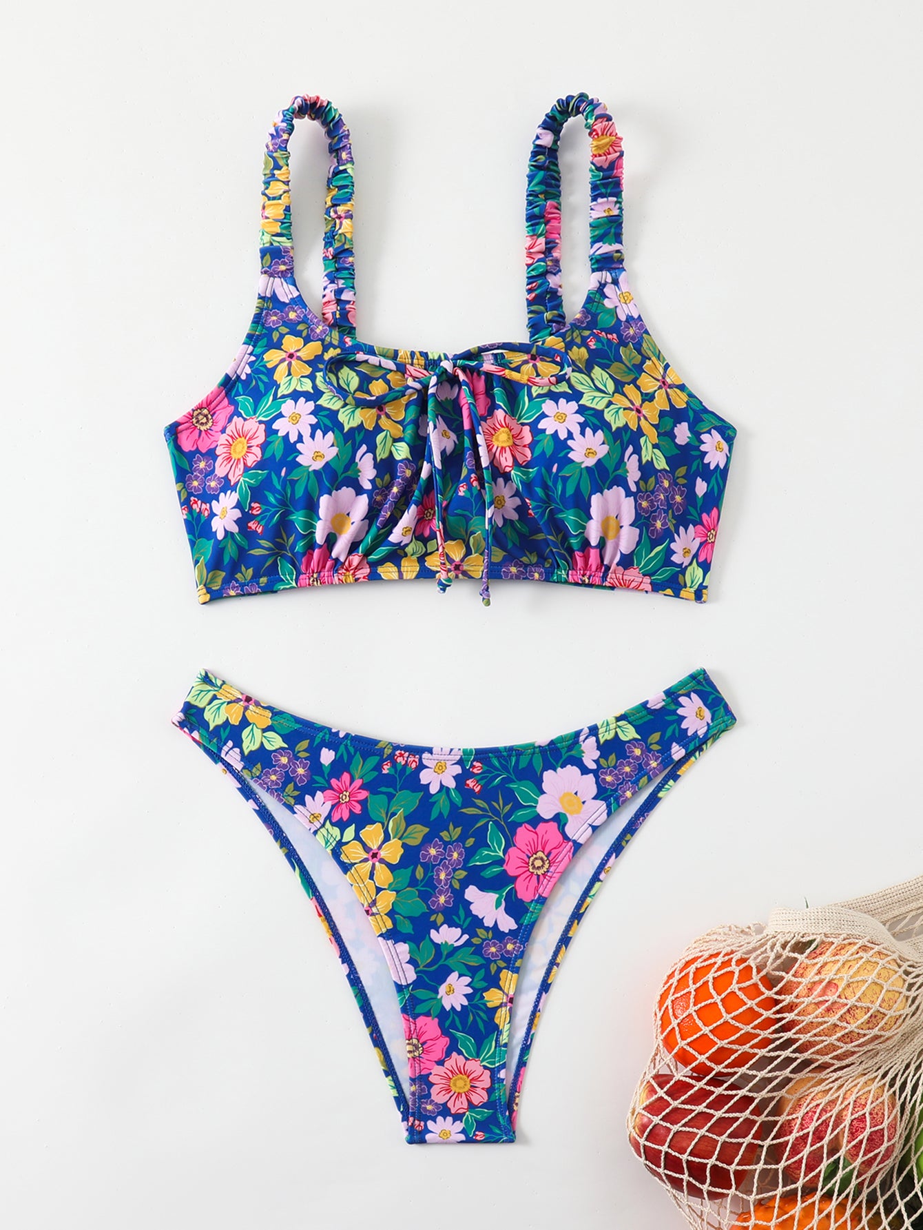 Colorful Floral Print Two-Piece Swimsuit with Tie-Front Top and High-Cut Bottom
