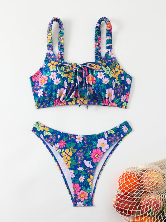 Colorful Floral Print Two-Piece Swimsuit with Tie-Front Top and High-Cut Bottom
