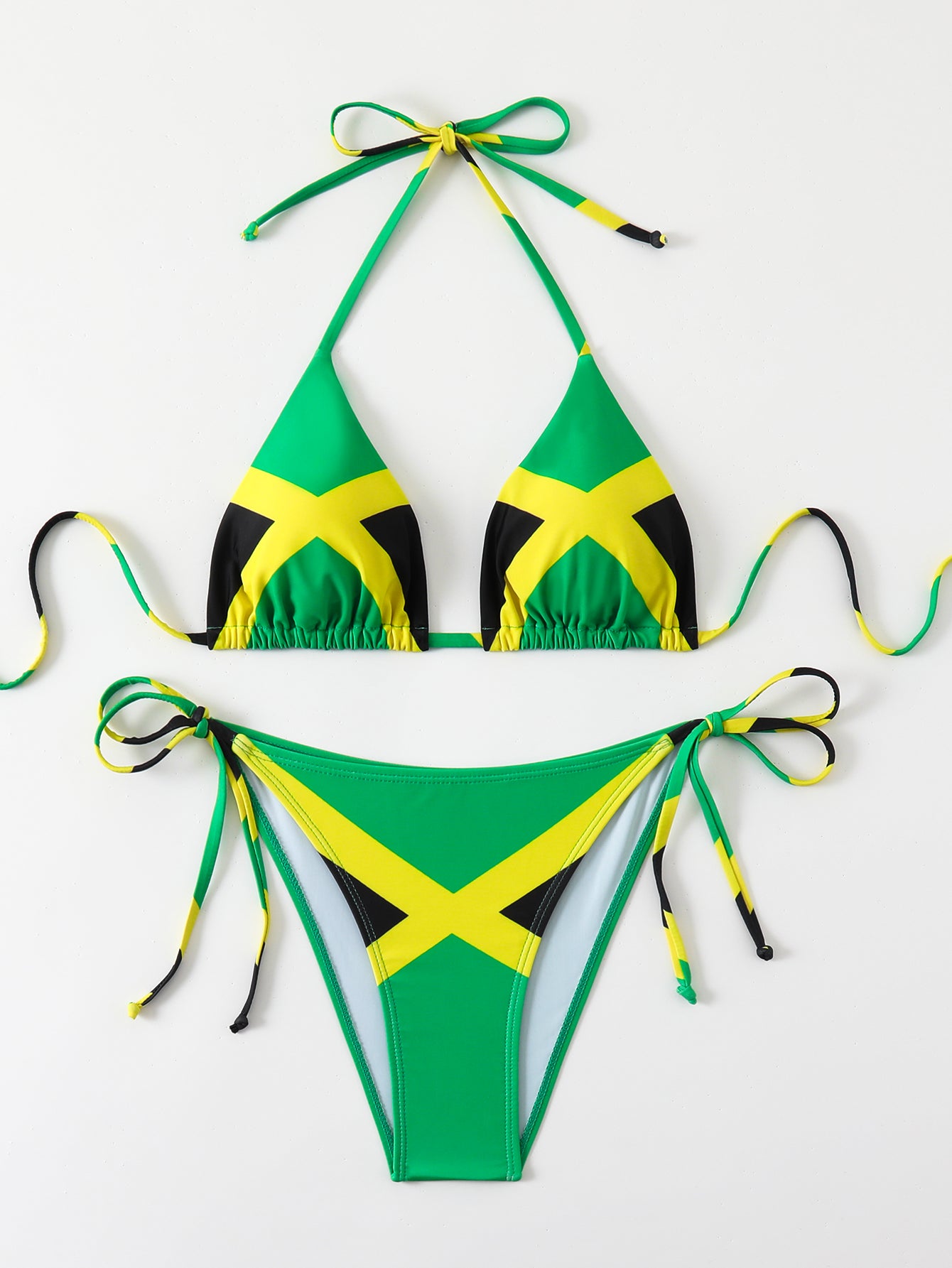 Vibrant Jamaican Flag Print Tie-Side Bikini Set with Adjustable Straps