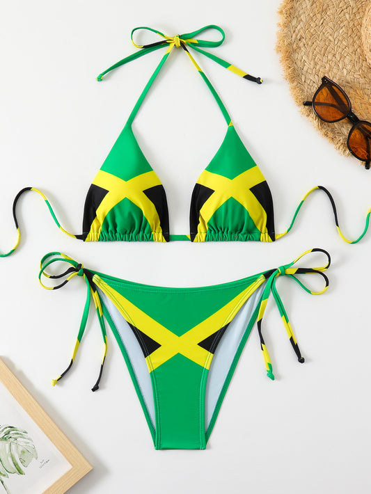 Vibrant Jamaican Flag Print Tie-Side Bikini Set with Adjustable Straps
