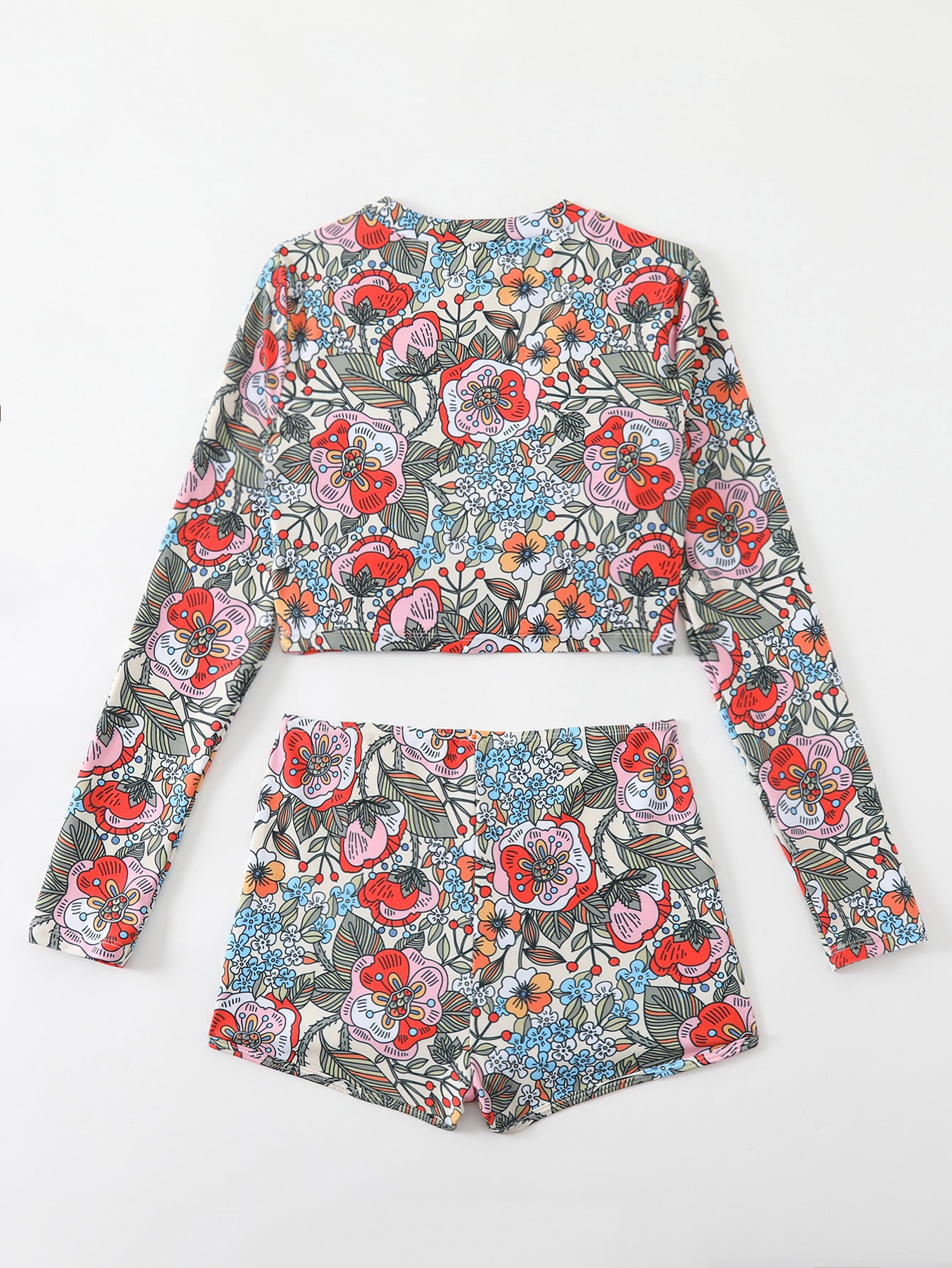Vibrant Floral Print Long Sleeve Bikini Set with Matching Shorts for Women