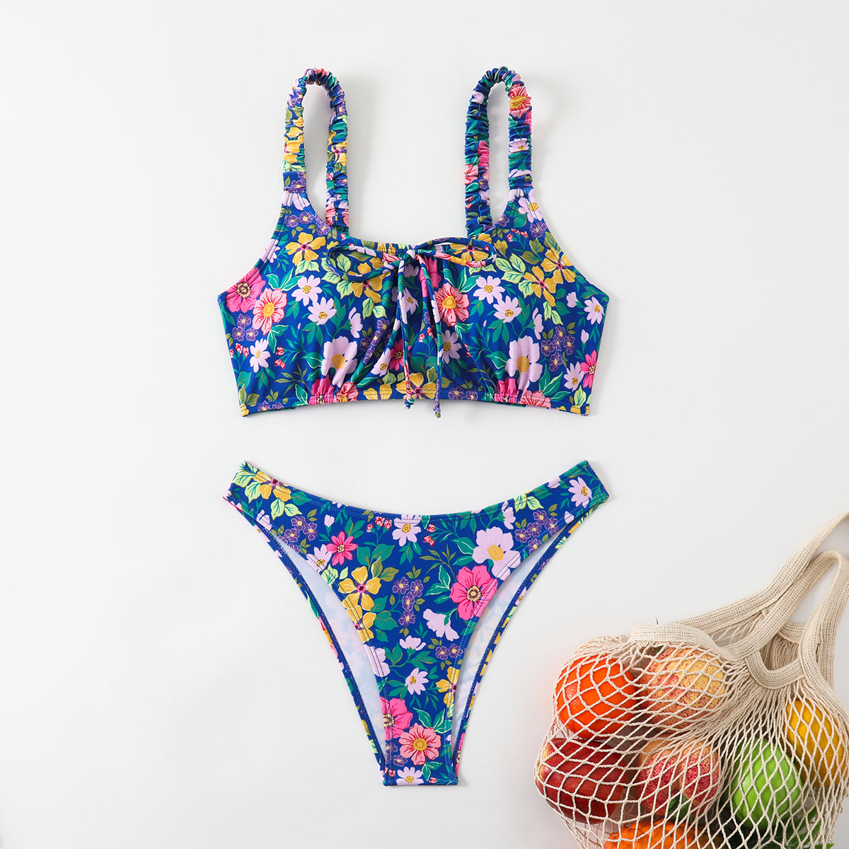 Colorful Floral Print Two-Piece Swimsuit with Tie-Front Top and High-Cut Bottom