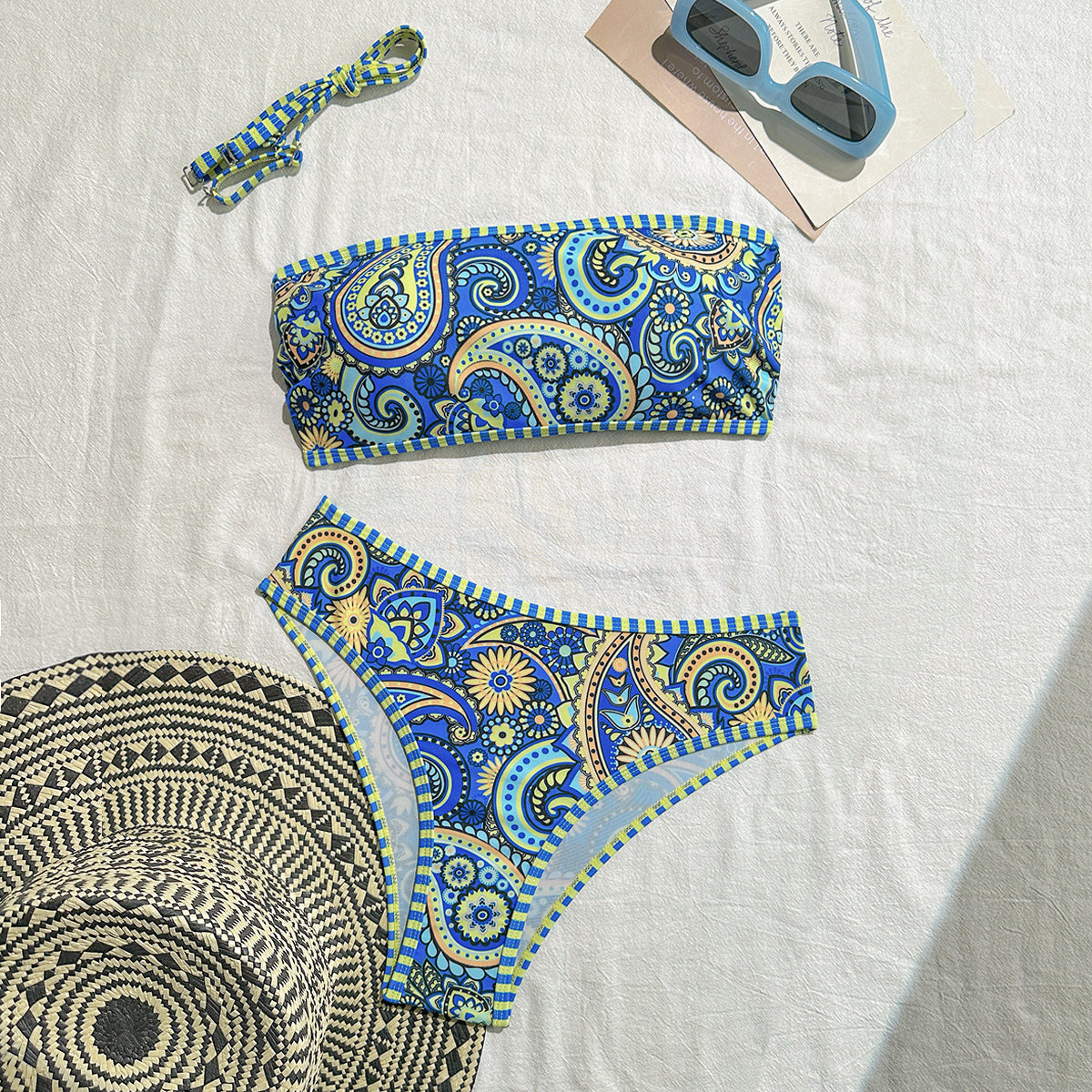 Vibrant Blue and Yellow Paisley Print Two-Piece Swimsuit with Tie-Front Design