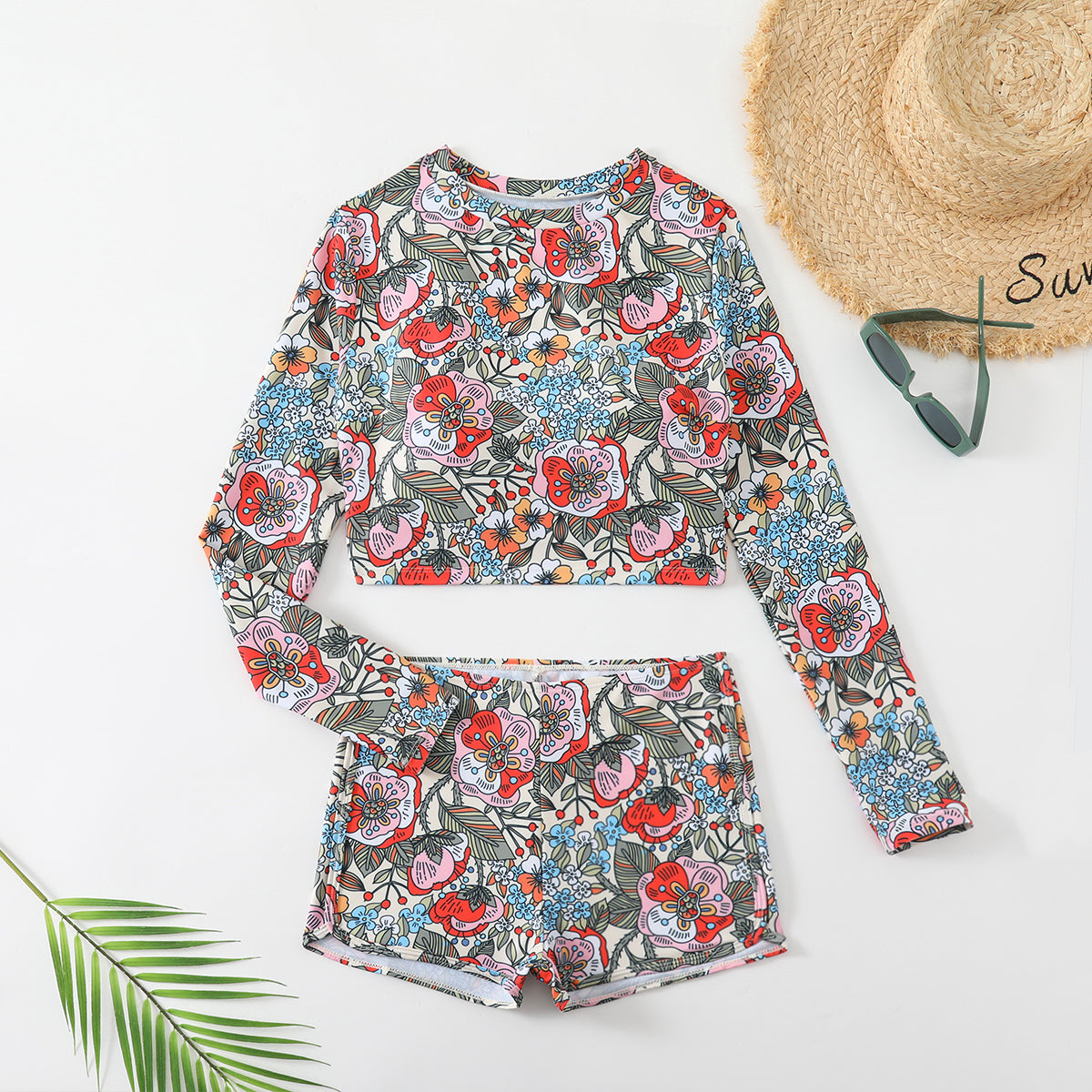 Vibrant Floral Print Long Sleeve Bikini Set with Matching Shorts for Women