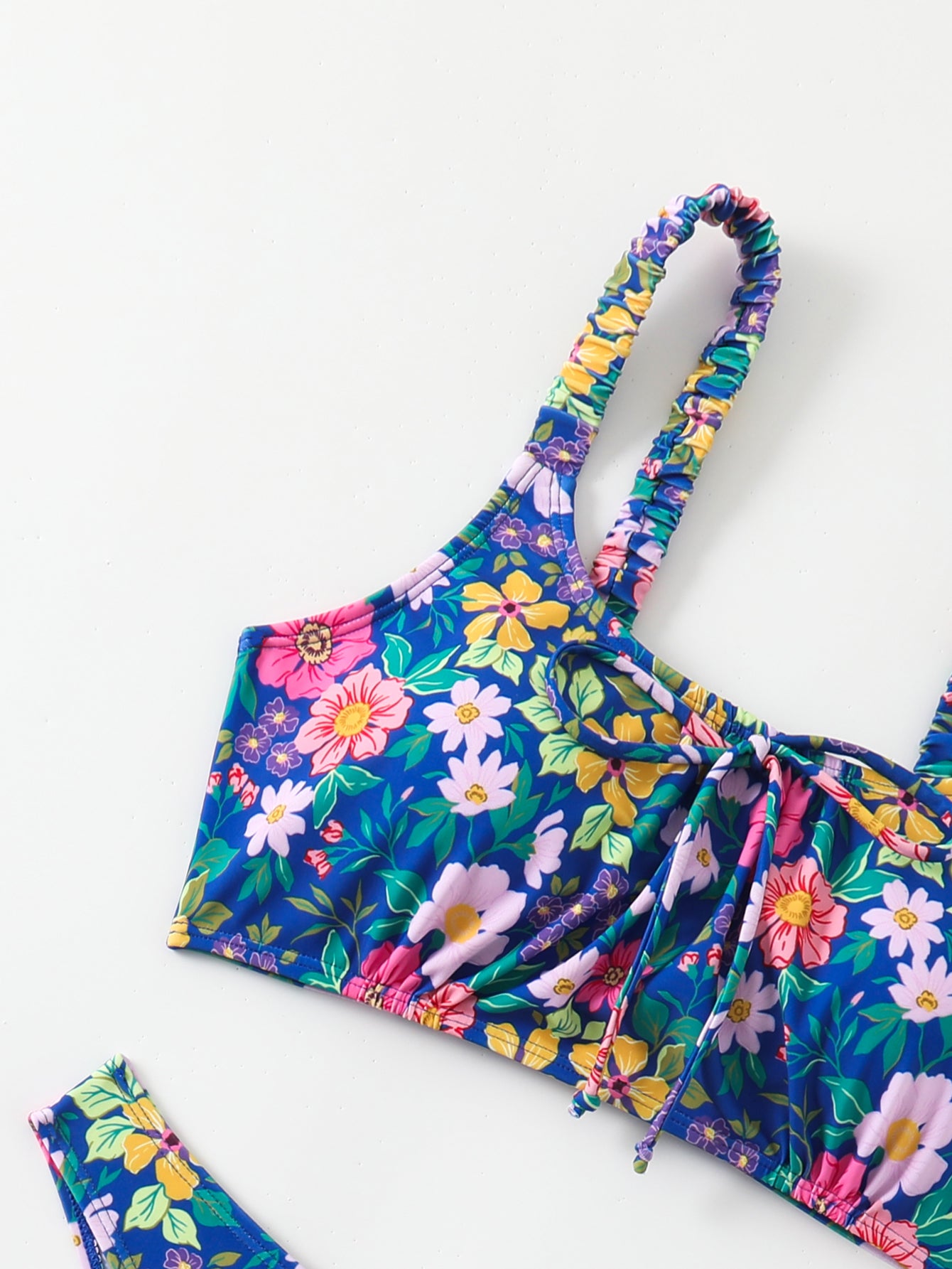 Colorful Floral Print Two-Piece Swimsuit with Tie-Front Top and High-Cut Bottom