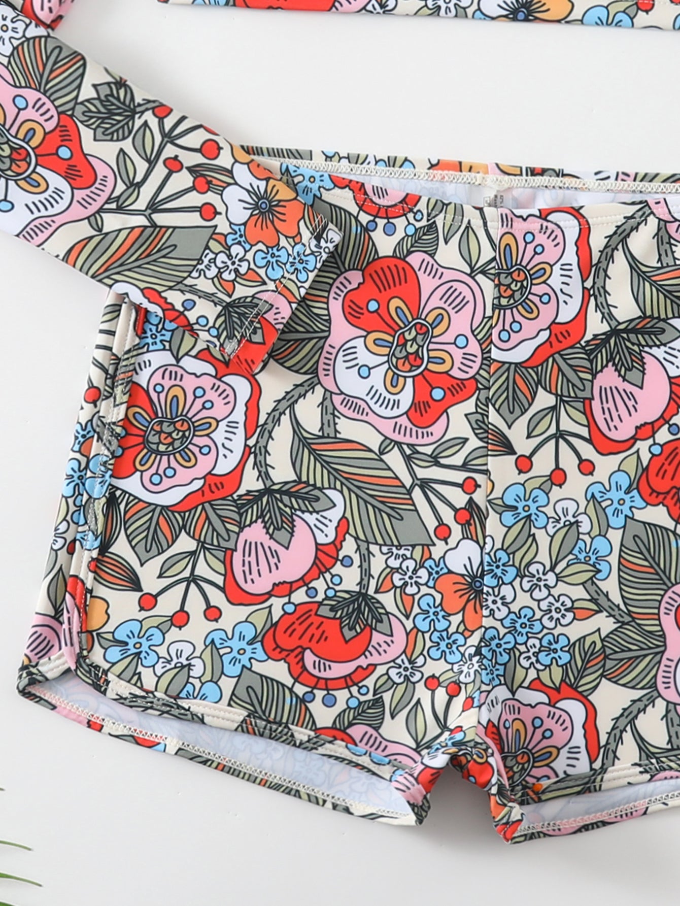 Vibrant Floral Print Long Sleeve Bikini Set with Matching Shorts for Women