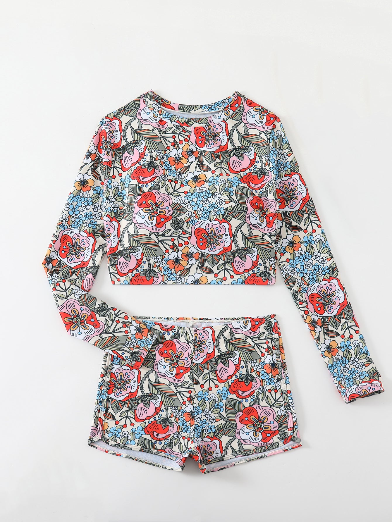 Vibrant Floral Print Long Sleeve Bikini Set with Matching Shorts for Women
