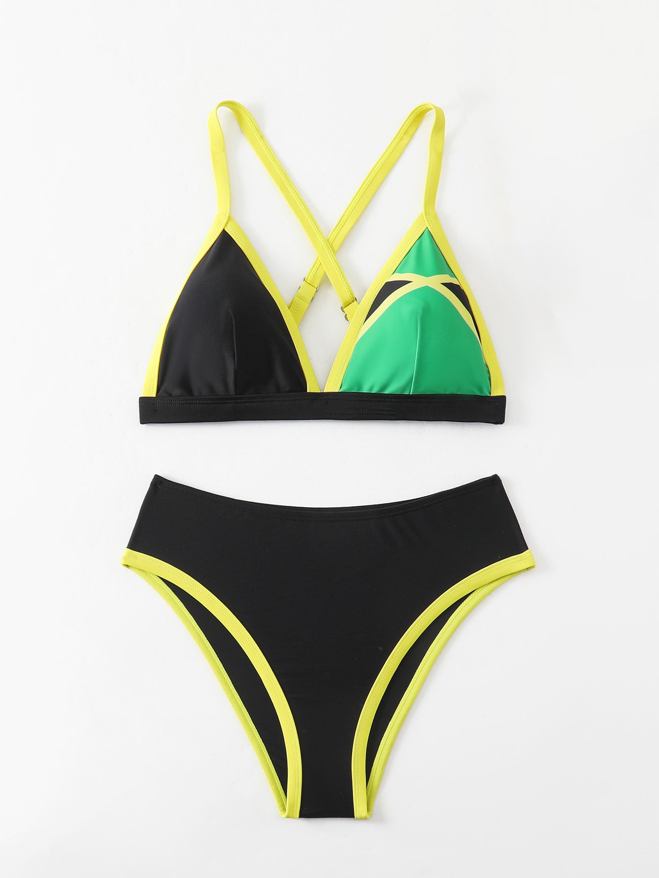 Bold Black, Green, and Yellow Jamaican-Inspired Two-Piece Swimsuit with Cross-Back Design