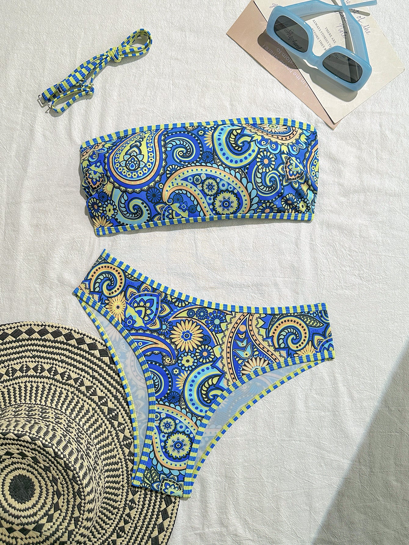 Vibrant Blue and Yellow Paisley Print Two-Piece Swimsuit with Tie-Front Design