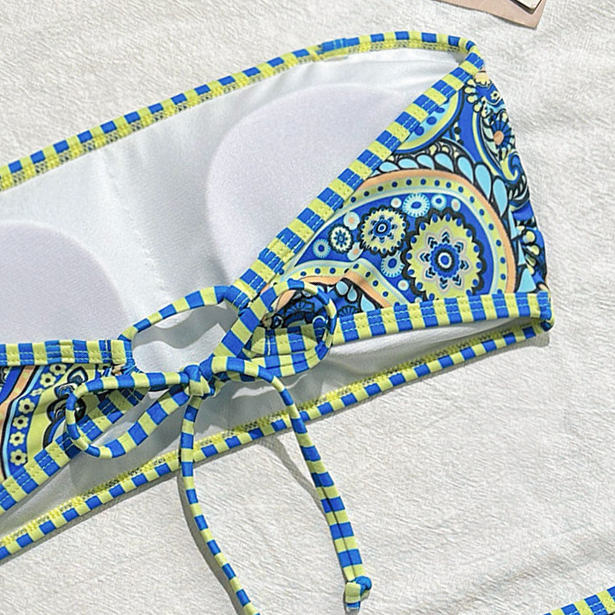 Vibrant Blue and Yellow Paisley Print Two-Piece Swimsuit with Tie-Front Design