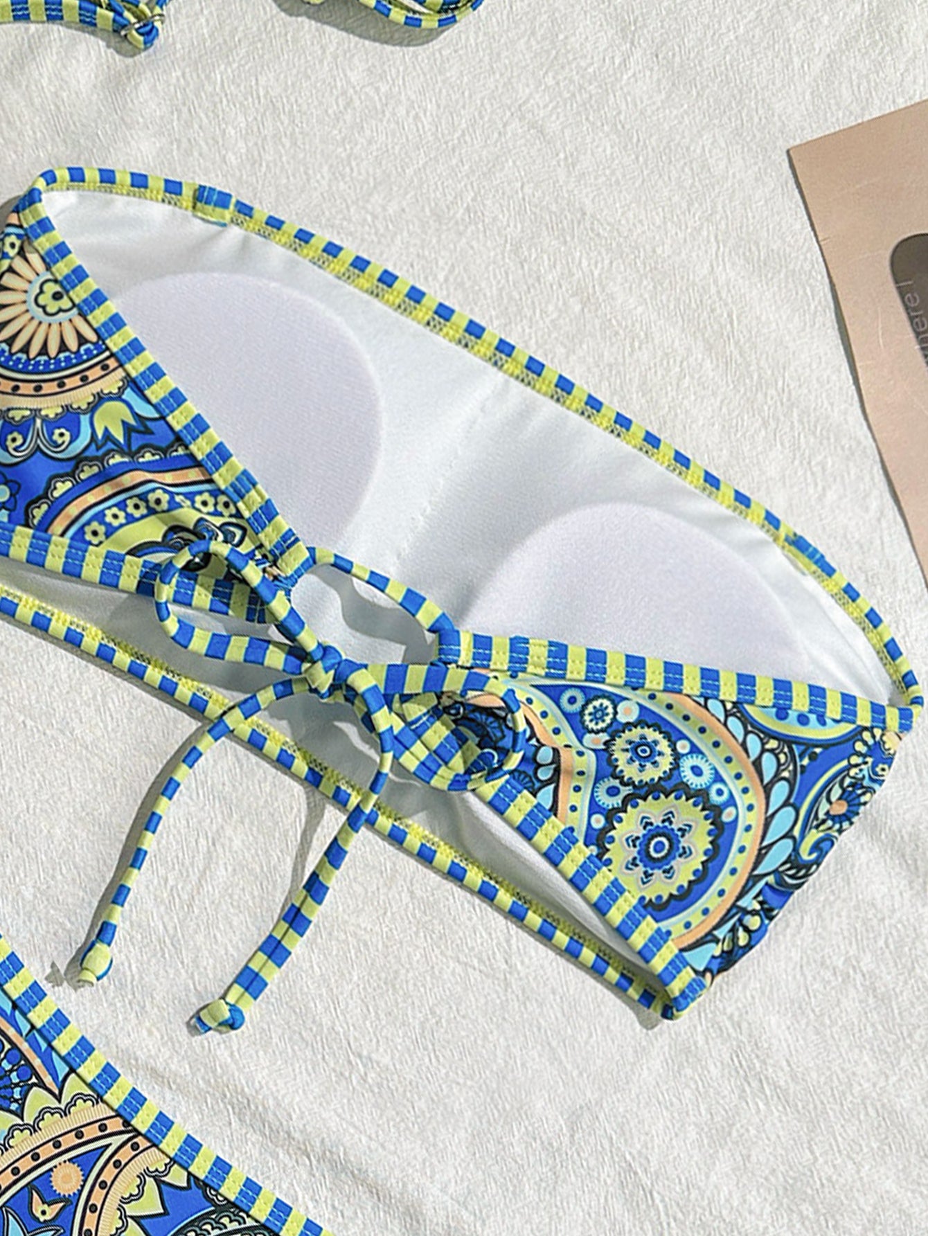 Vibrant Blue and Yellow Paisley Print Two-Piece Swimsuit with Tie-Front Design