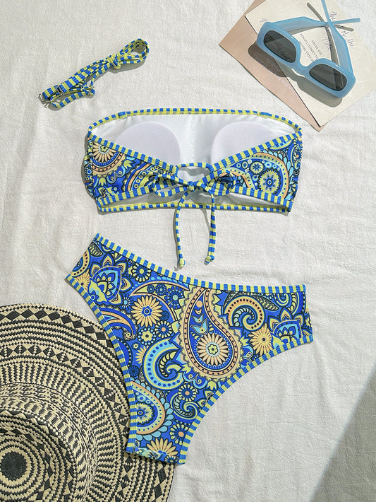 Vibrant Blue and Yellow Paisley Print Two-Piece Swimsuit with Tie-Front Design