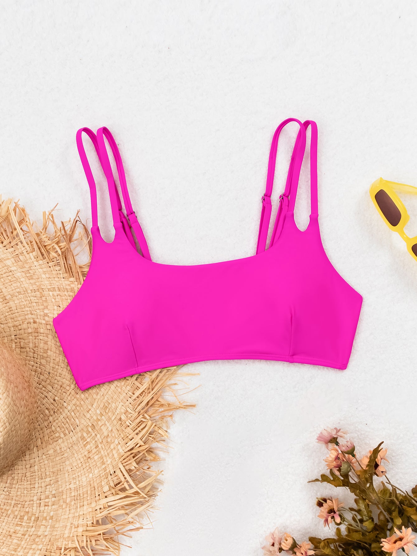 Bright Pink Double-Strap Bikini Top with Versatile Design for Women