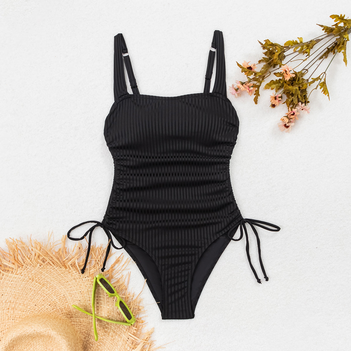 Sleek Black Ribbed One-Piece Swimsuit with Adjustable Side Ties for Women