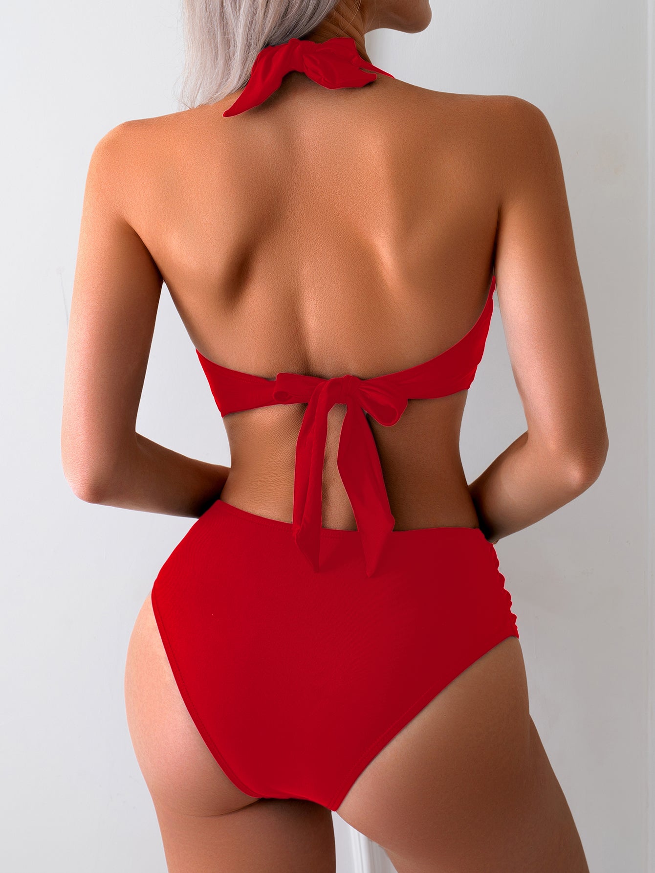 Elegant Deep Red Halter Neck Bikini Set with High-Waisted Bottoms for Women