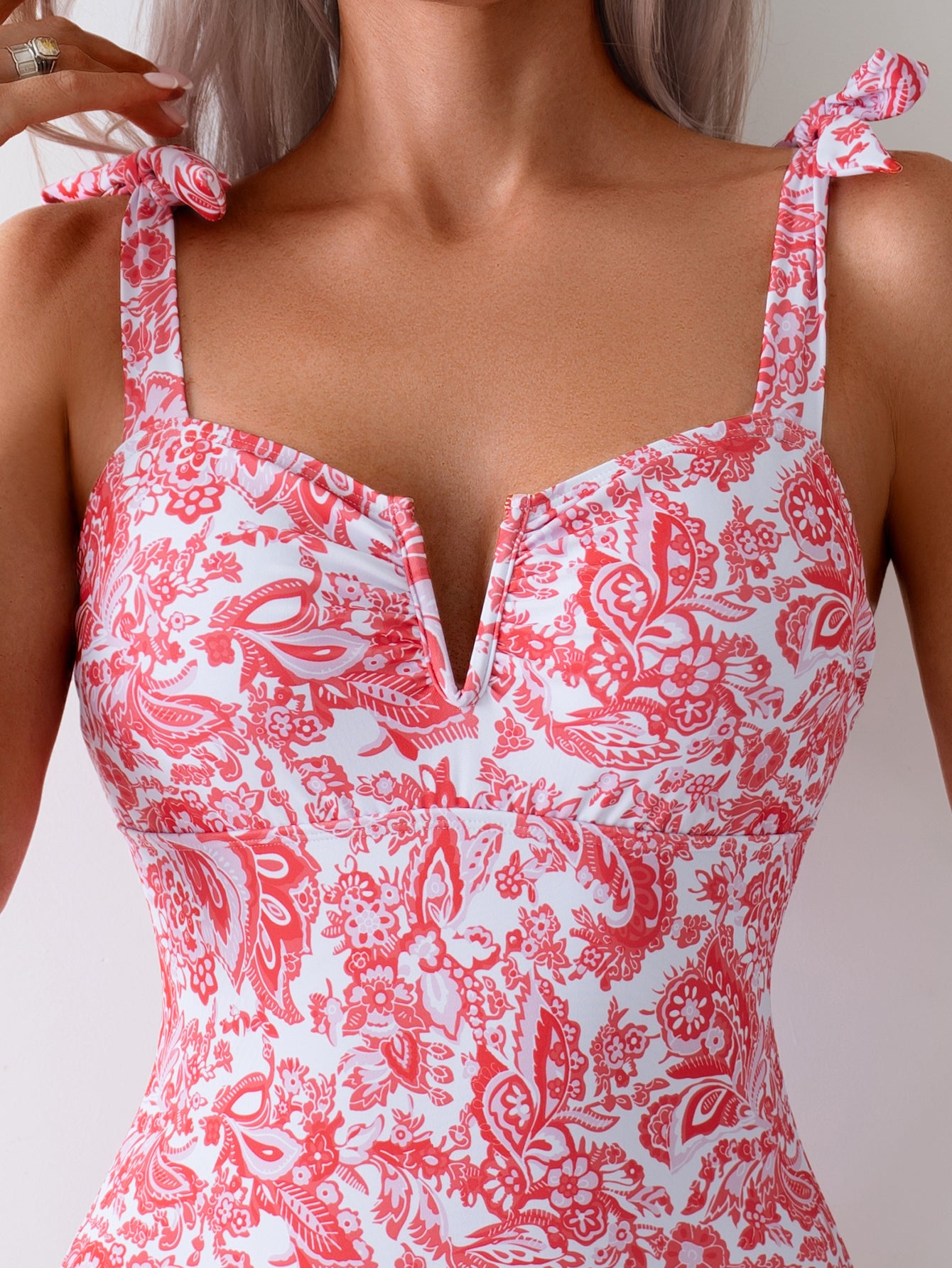 Elegant Red and White Paisley One-Piece Swimsuit with Tie-Shoulder Straps for Women