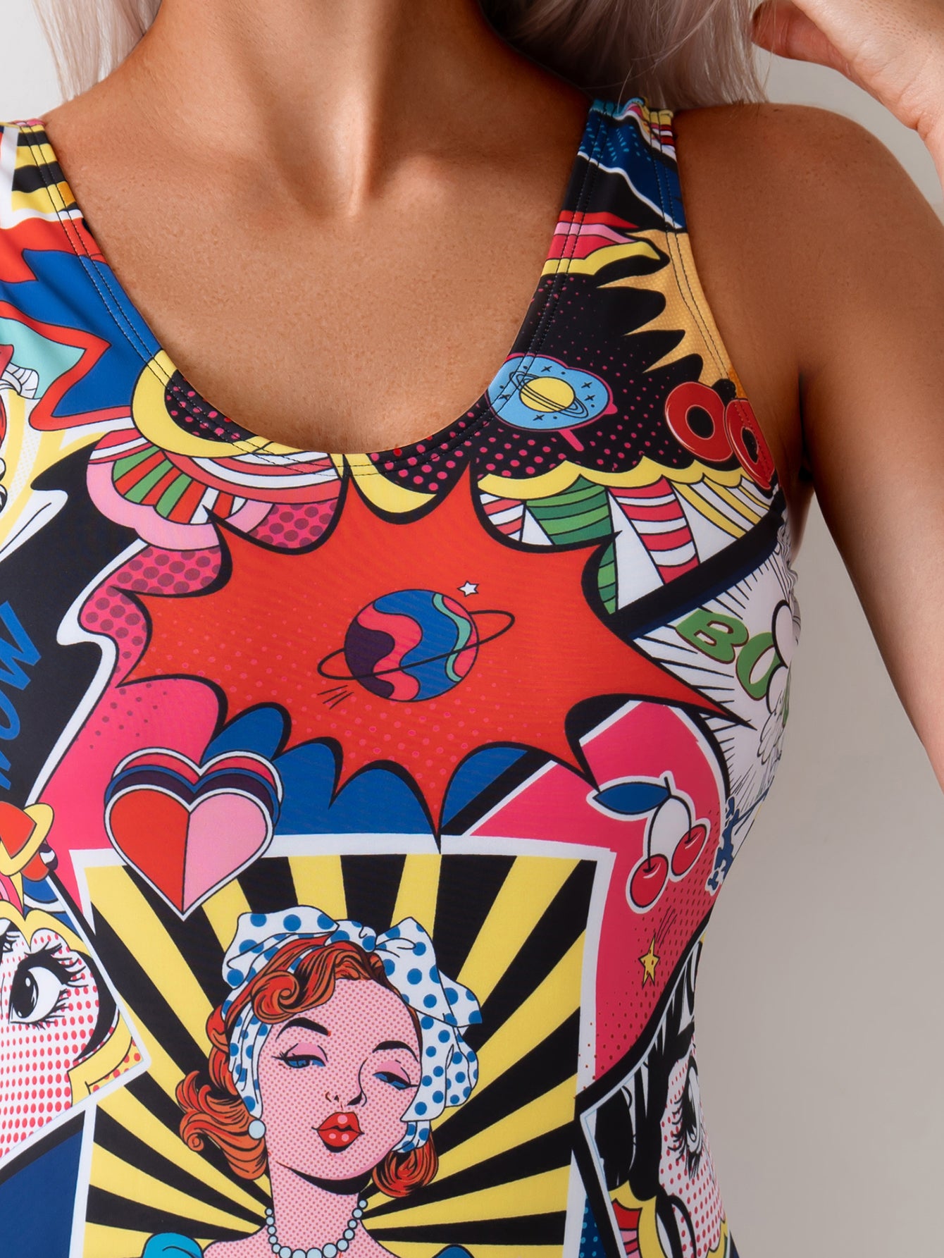 Bold Multicolor Pop Art One-Piece Swimsuit with Retro Comic Design for Women