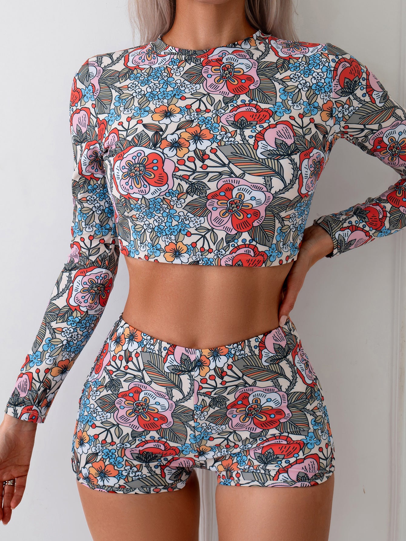 Vibrant Floral Print Long Sleeve Bikini Set with Matching Shorts for Women