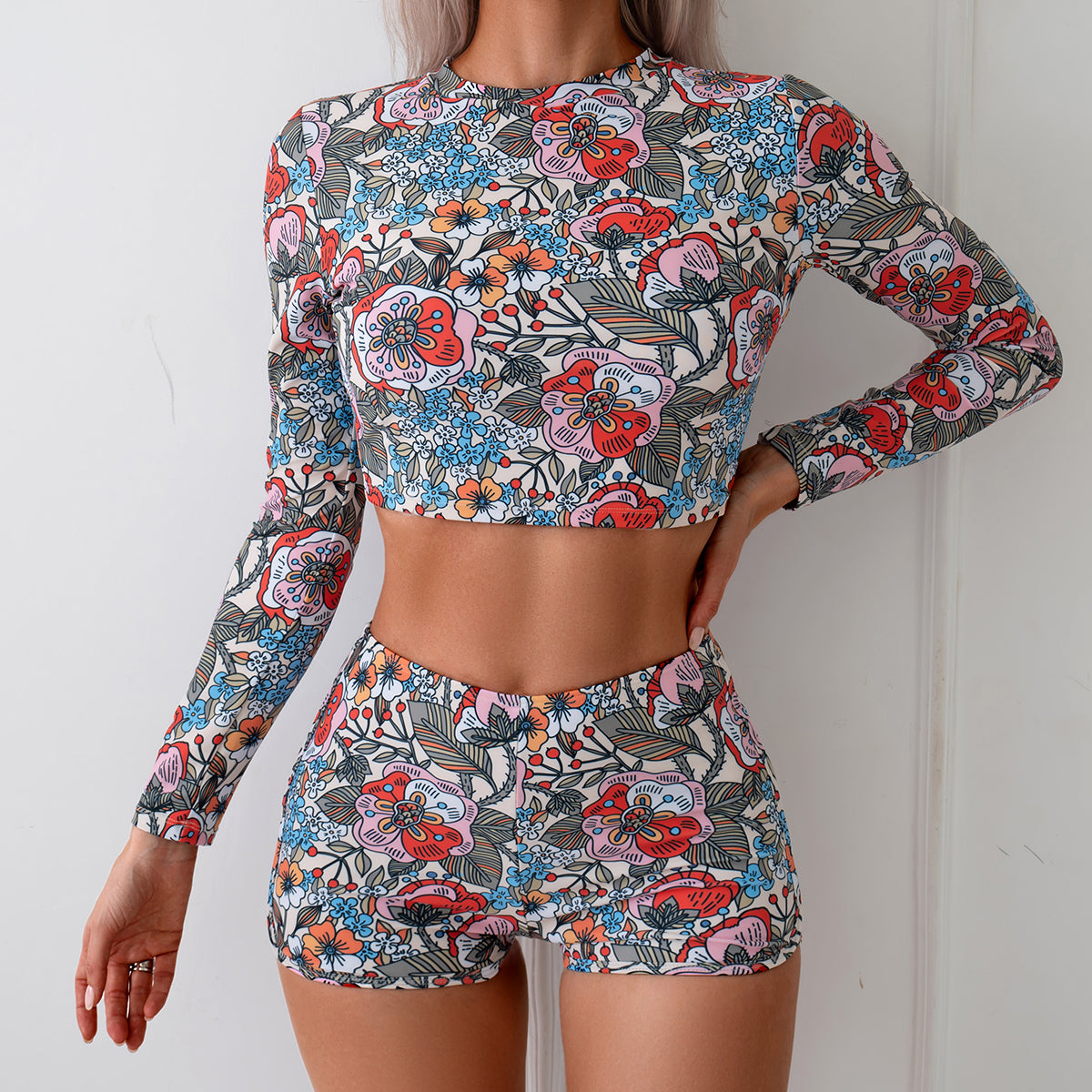 Vibrant Floral Print Long Sleeve Bikini Set with Matching Shorts for Women