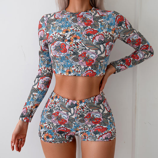 Vibrant Floral Print Long Sleeve Bikini Set with Matching Shorts for Women