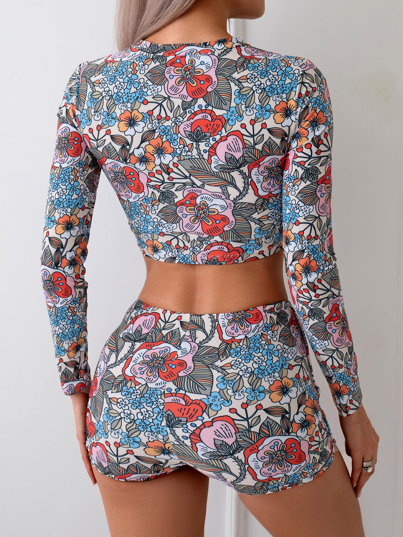 Vibrant Floral Print Long Sleeve Bikini Set with Matching Shorts for Women