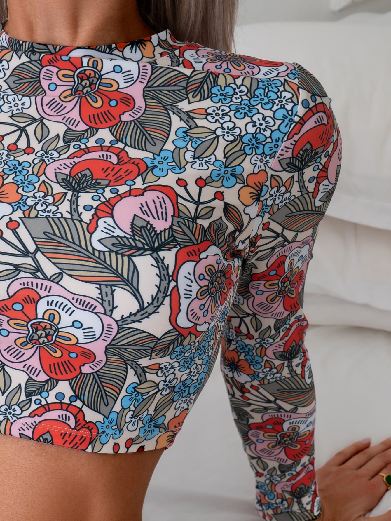 Vibrant Floral Print Long Sleeve Bikini Set with Matching Shorts for Women