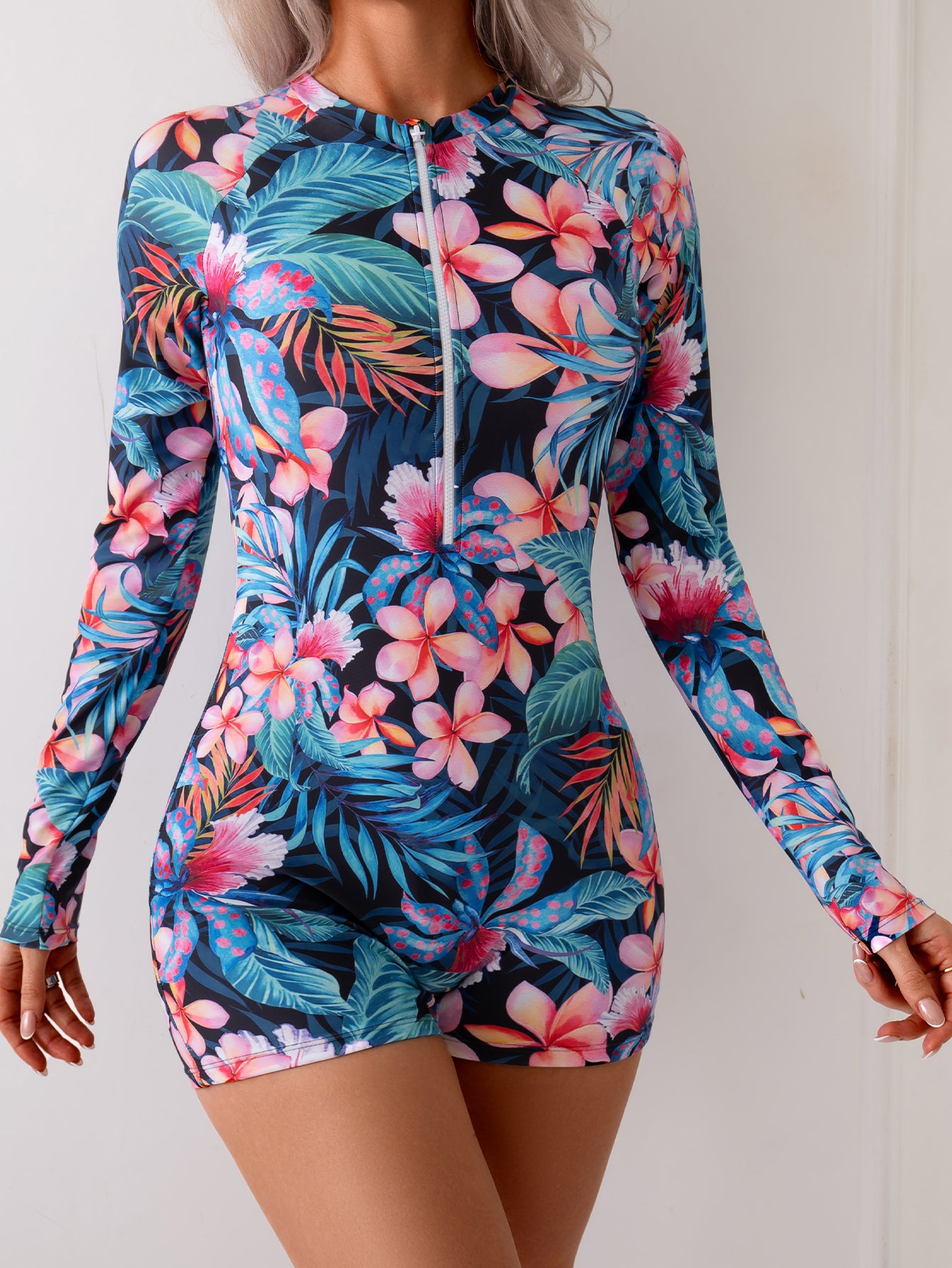 Colorful Tropical Floral Long-Sleeve One-Piece Swimsuit with Vibrant Print