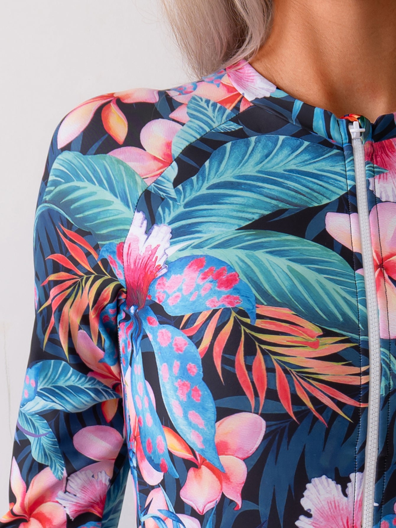 Colorful Tropical Floral Long-Sleeve One-Piece Swimsuit with Vibrant Print