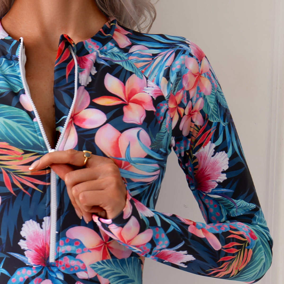 Colorful Tropical Floral Long-Sleeve One-Piece Swimsuit with Vibrant Print