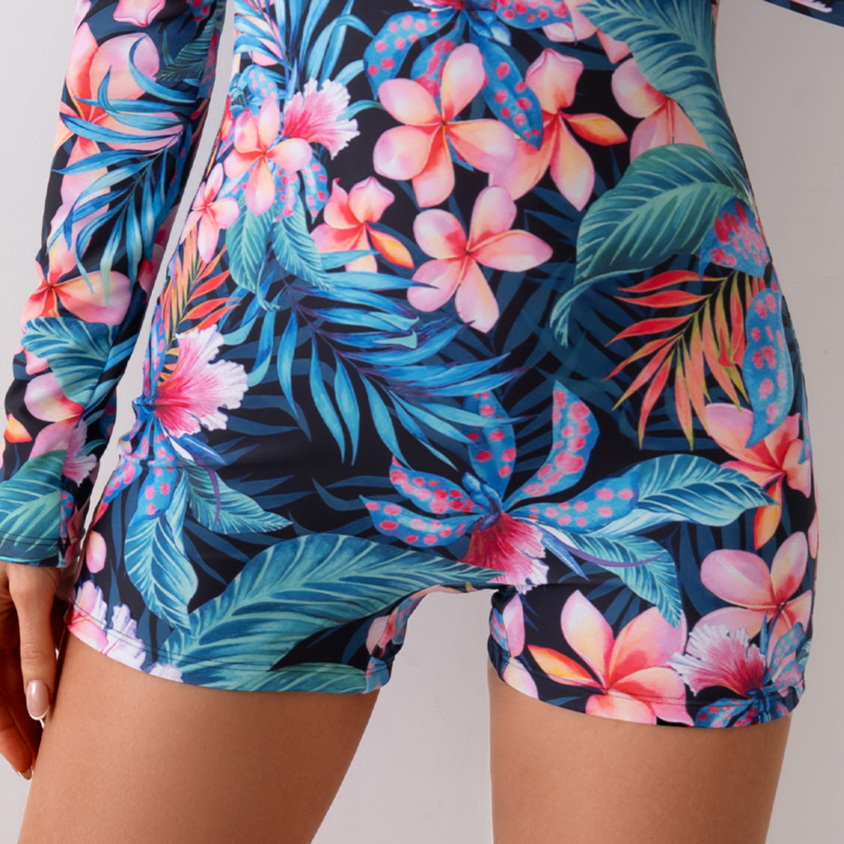 Colorful Tropical Floral Long-Sleeve One-Piece Swimsuit with Vibrant Print
