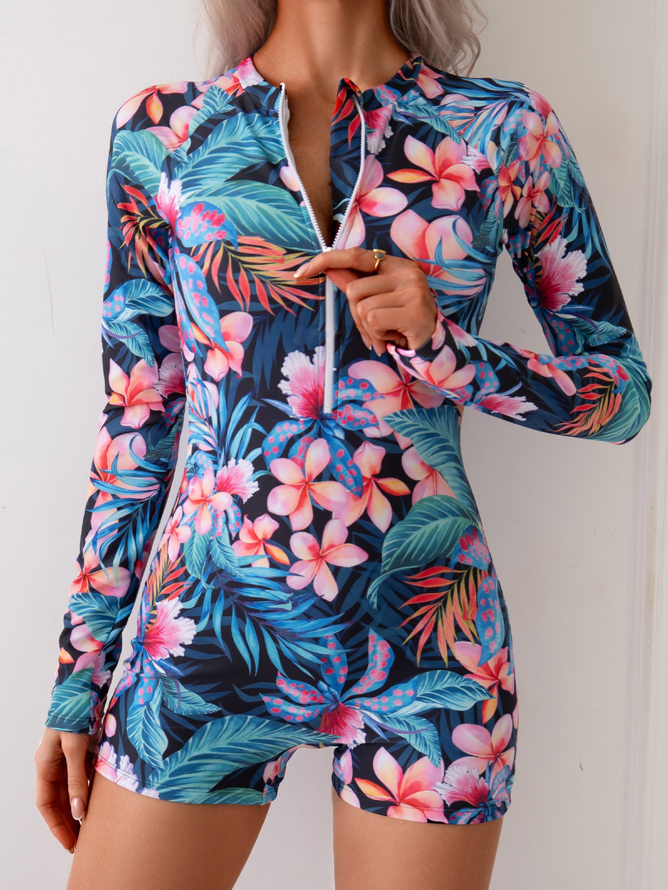 Colorful Tropical Floral Long-Sleeve One-Piece Swimsuit with Vibrant Print