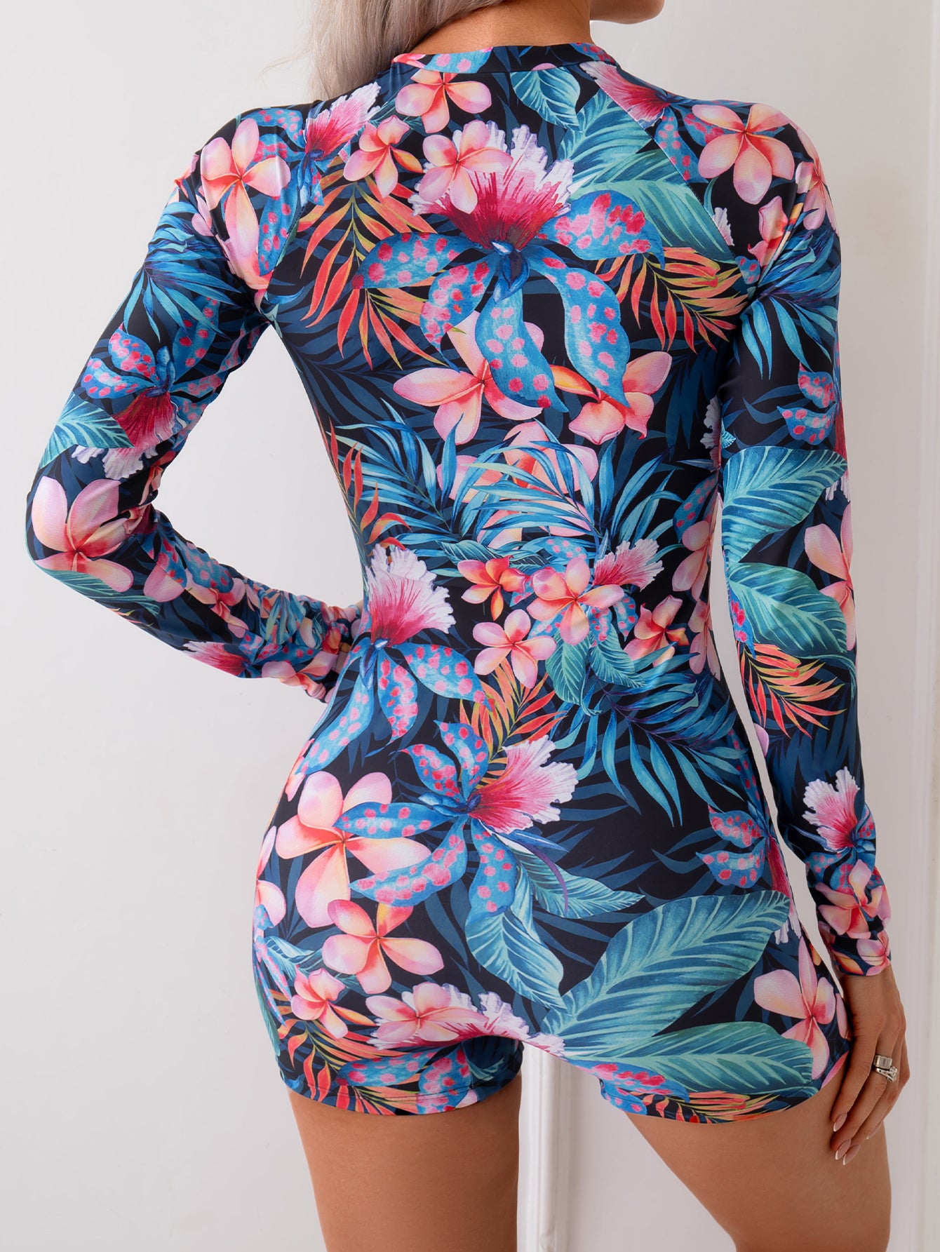 Colorful Tropical Floral Long-Sleeve One-Piece Swimsuit with Vibrant Print